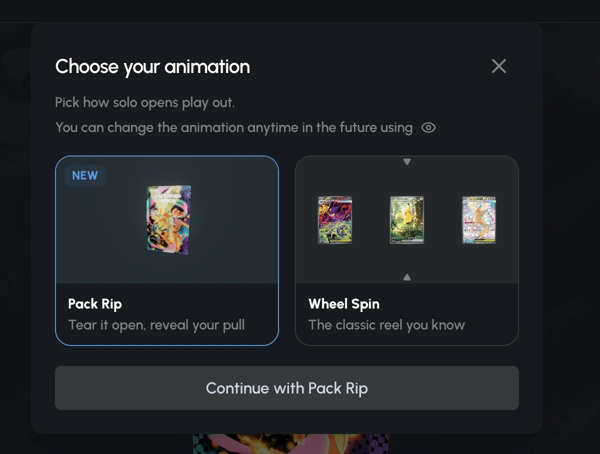 PackDraw Choose your animation menu with Pack Rip and Wheel Spin options