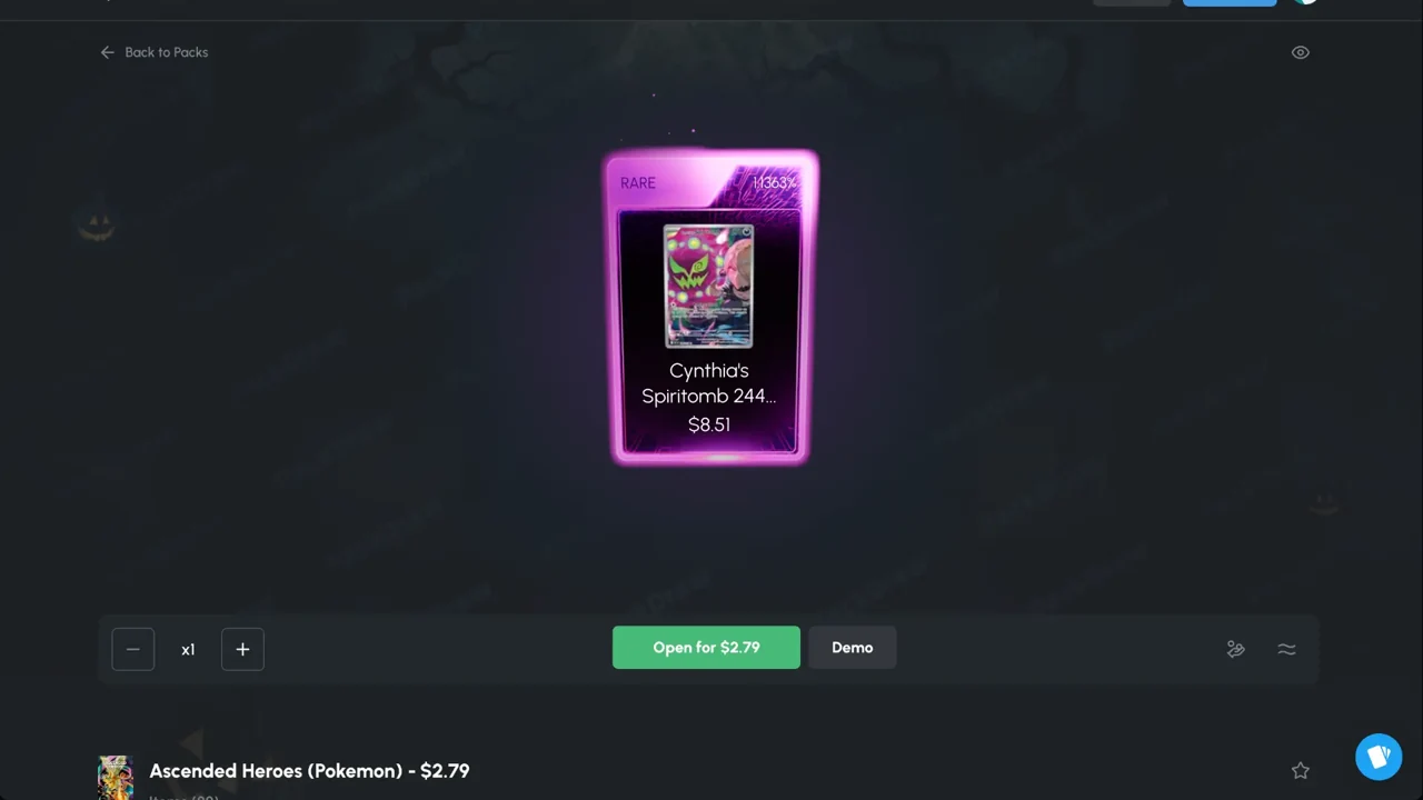 PackDraw rare reveal showing Cynthia’s Spiritomb valued at 8.51 dollars from a 2.79 dollar pack